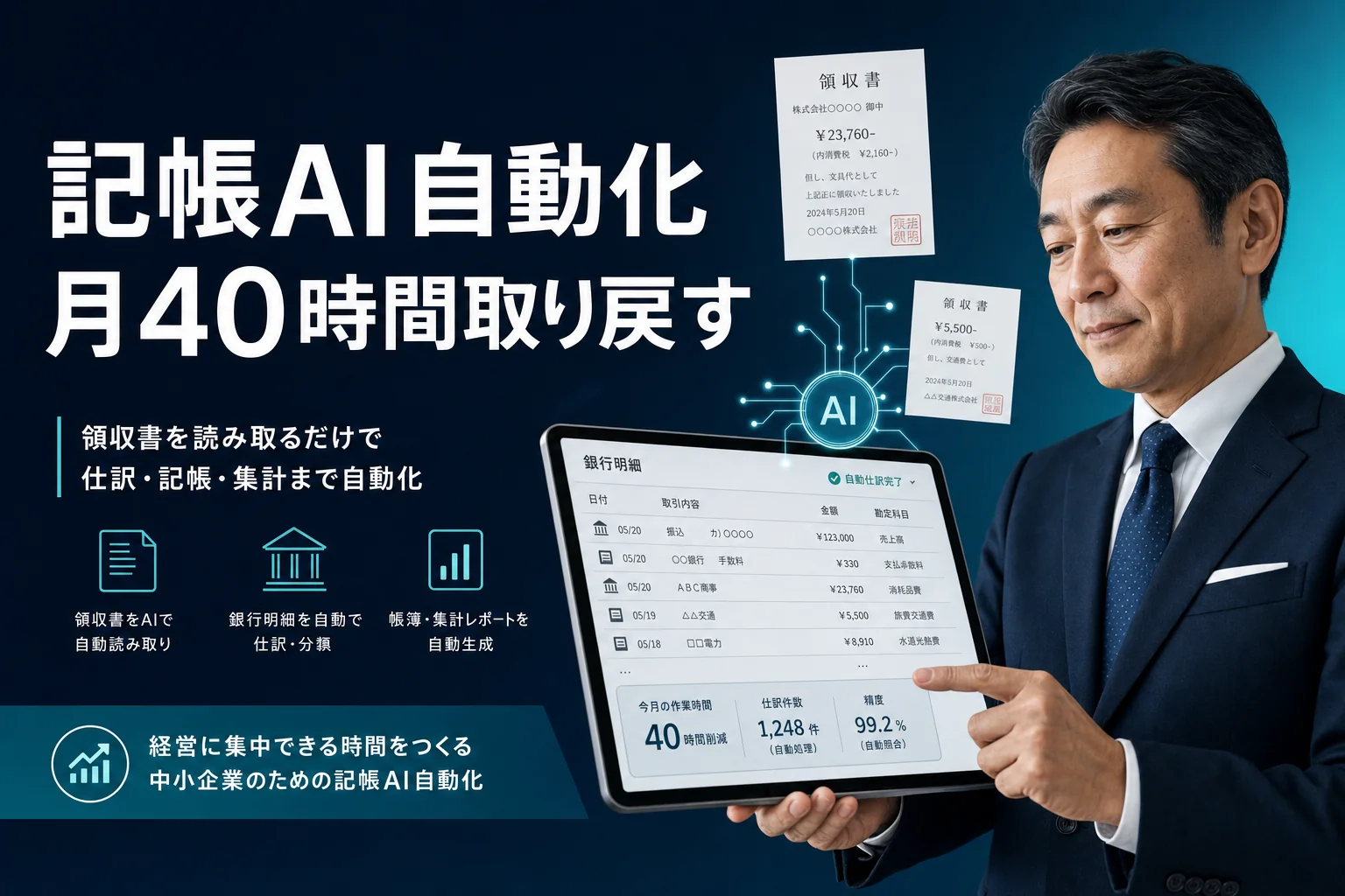 記帳 AI 自動化｜アイキャッチ（OGP / 記事冒頭・配置: hero）