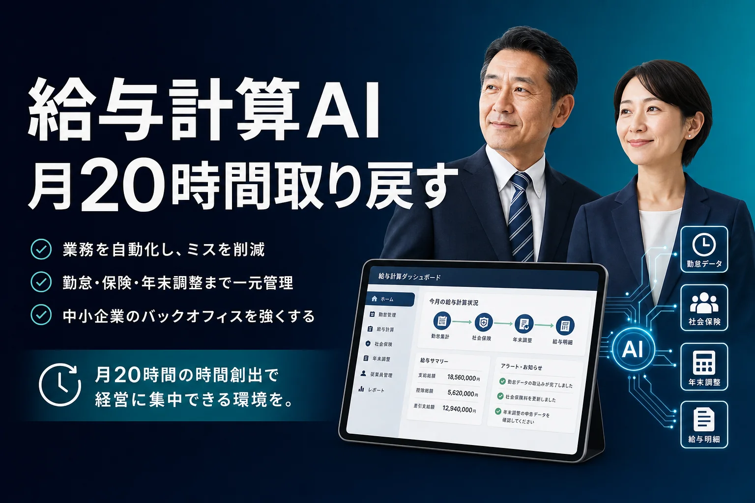 給与計算 AI 自動化｜アイキャッチ（OGP / 記事冒頭・配置: hero）