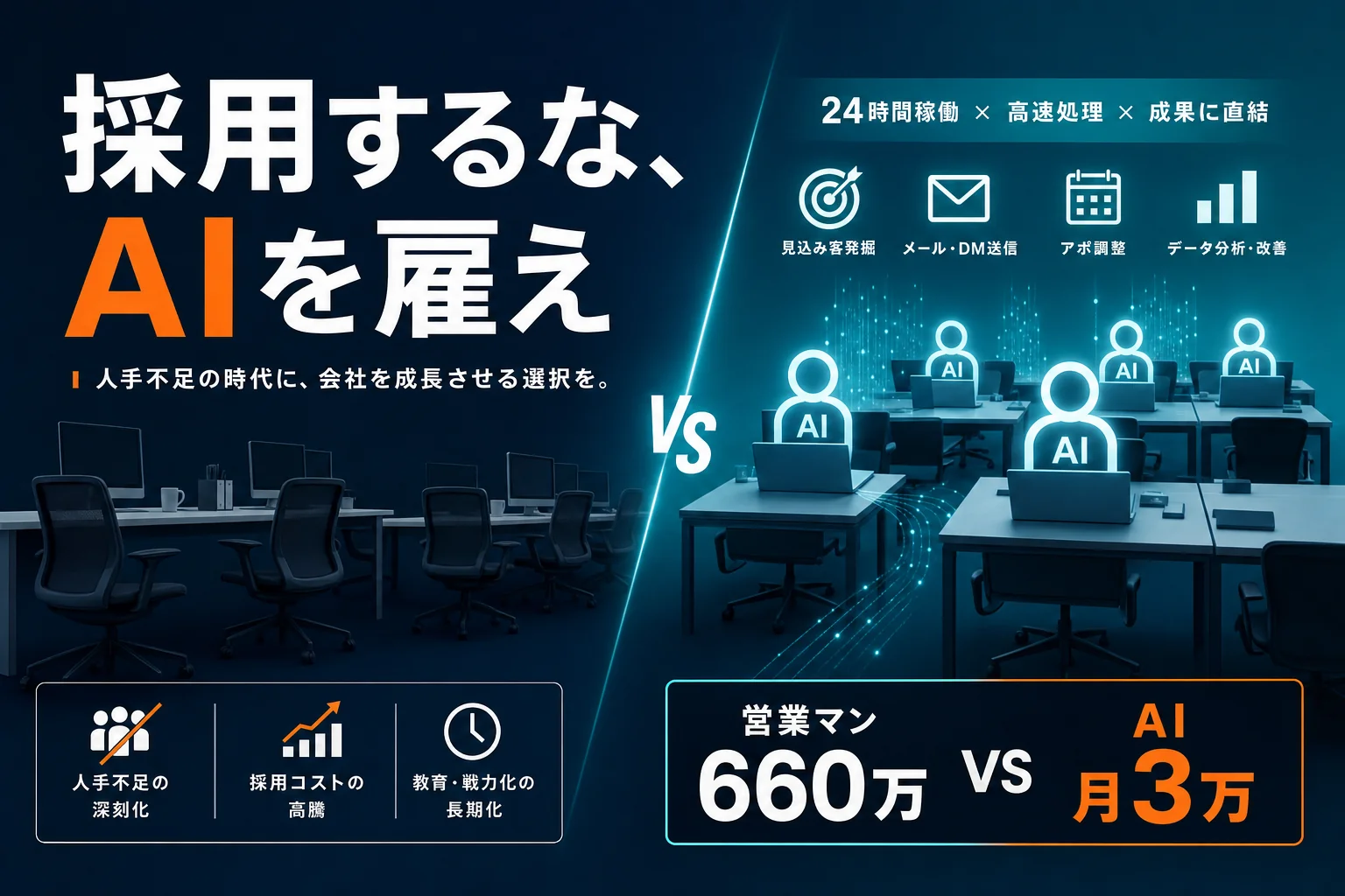 人手不足 AI 解決策｜アイキャッチ：採用するな、AIを雇え
