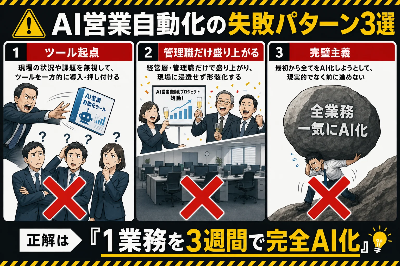 失敗3パターン警告図（記事4-3章内） - 営業 自動化